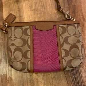 Coach signature C tan w purple wristlet AS IS